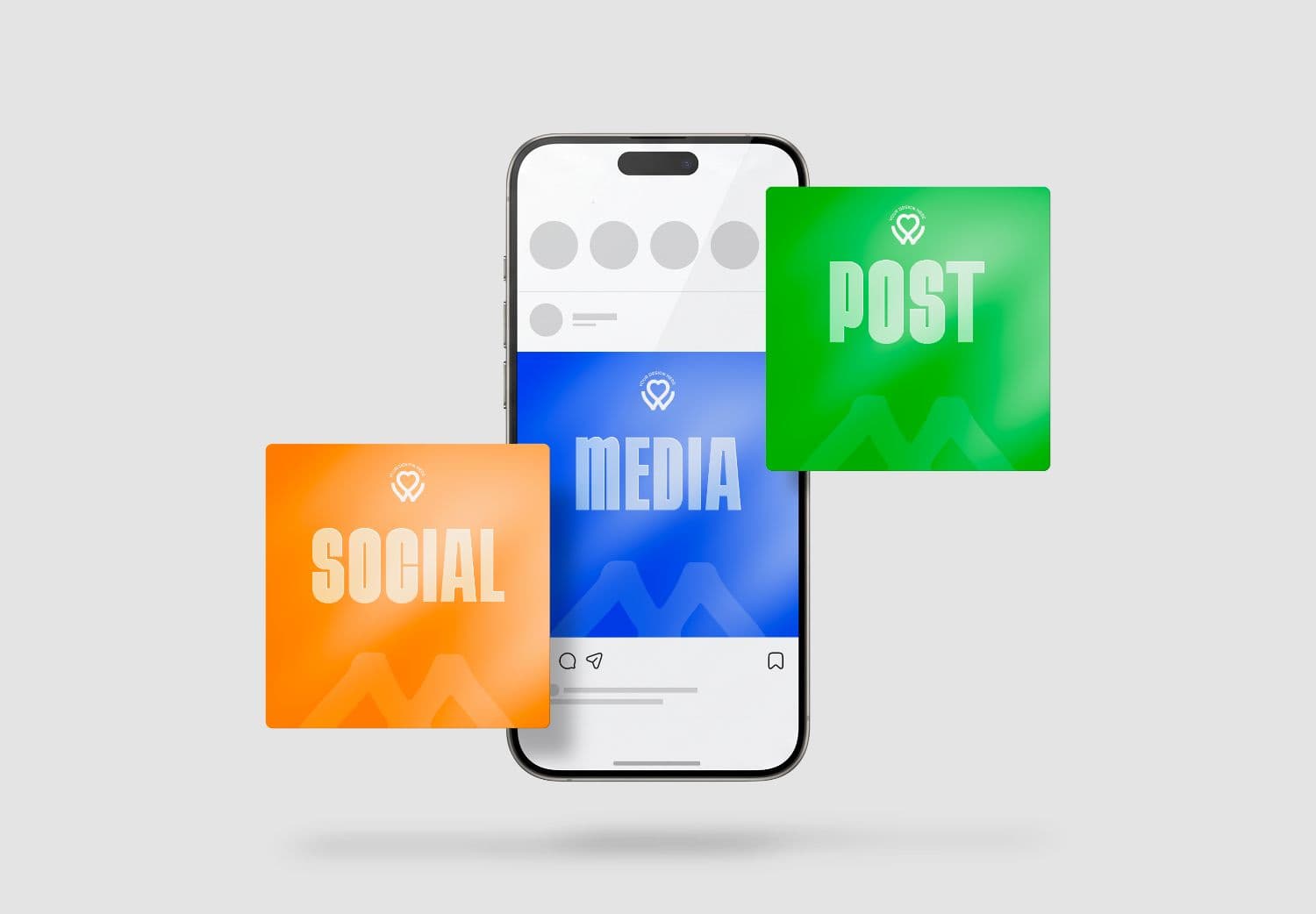 Smartphone Social Feed Mockup with Three Floating Post Cards