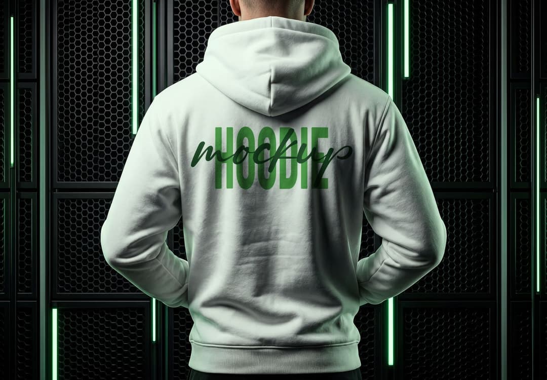 Back Hoodie Mockup on Male Model with Futuristic Green Light Background