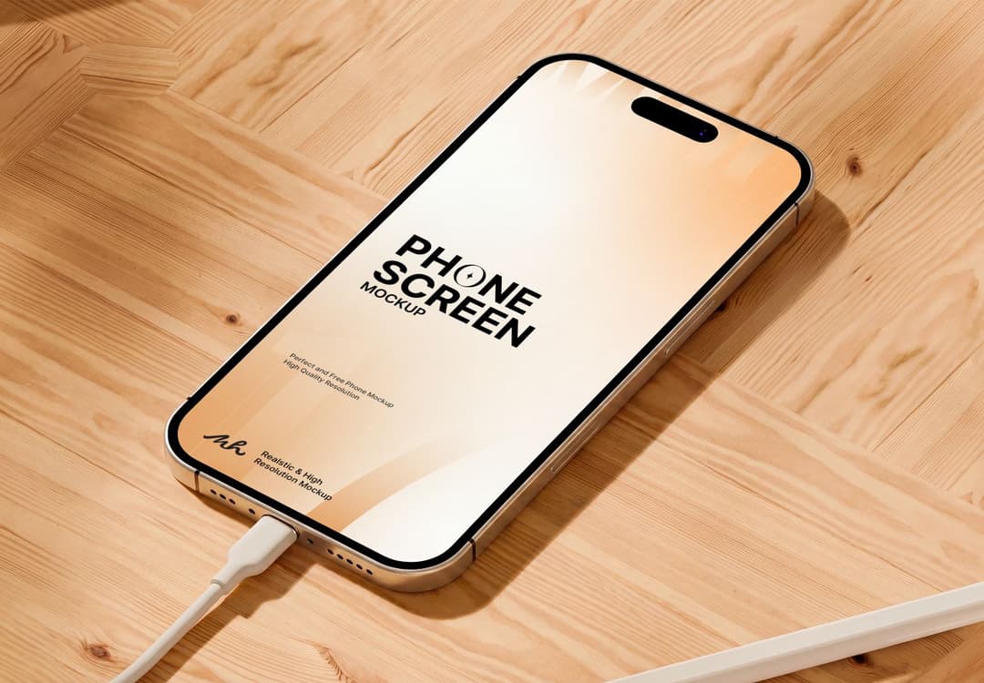 Realistic iPhone Screen Mockup with Cable on Natural Wood Table