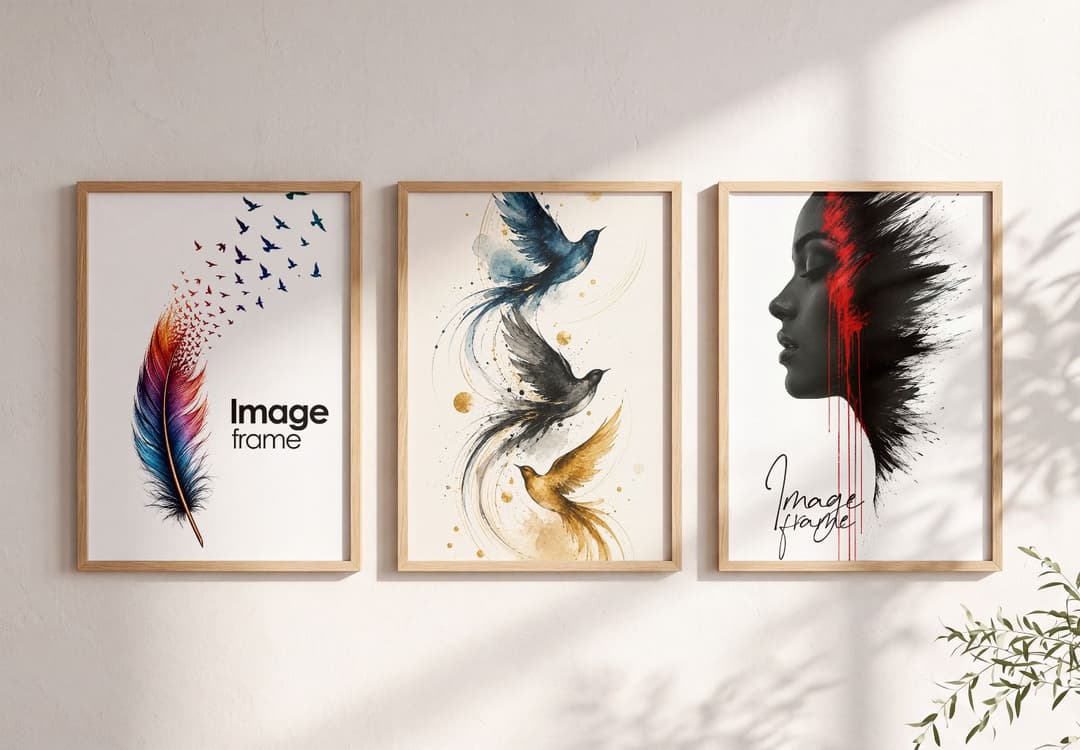 Three Wooden Frame Wall Art Mockup with Artistic Bird and Portrait Prints