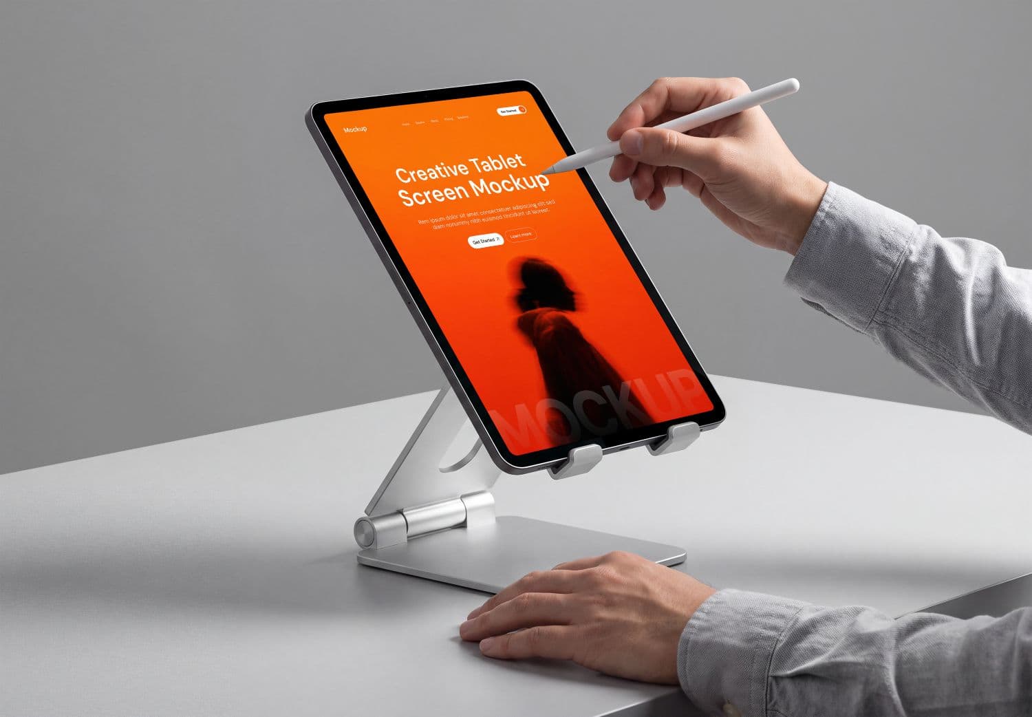 Tablet Mockup with Stylus Pen on Adjustable Desk Stand