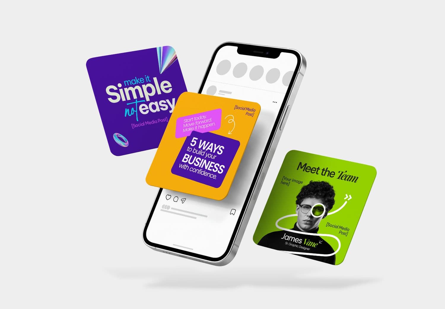 Smartphone Social Media Post Mockup with Floating Cards