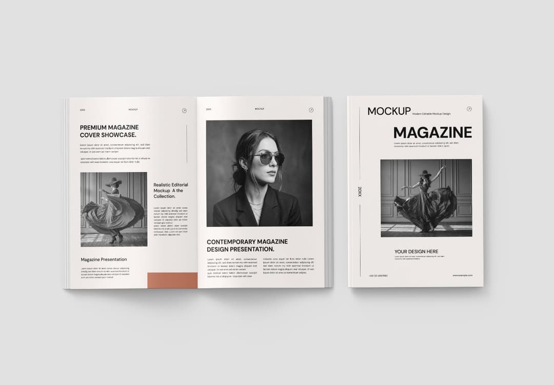 Open Magazine Mockup with Editorial Spread and Cover Design