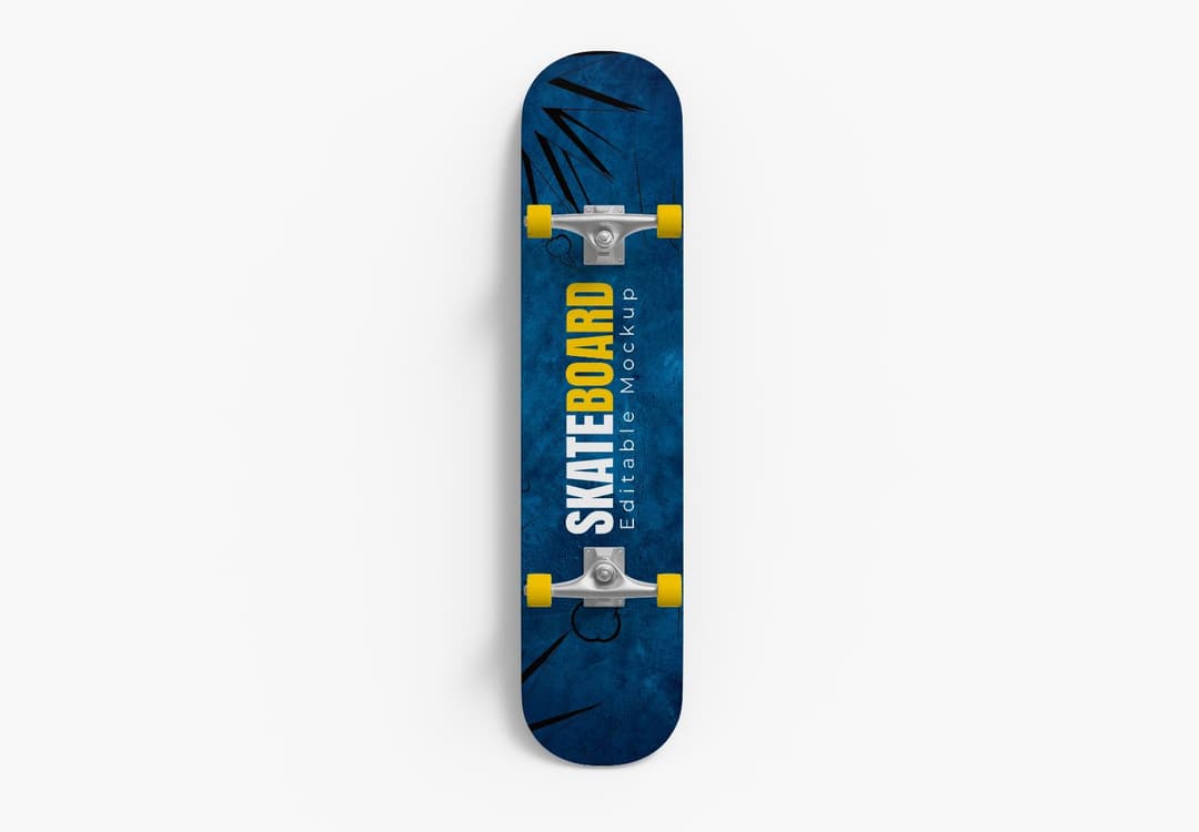 Blue Textured Skateboard Mockup with Yellow Wheels - Editable Template
