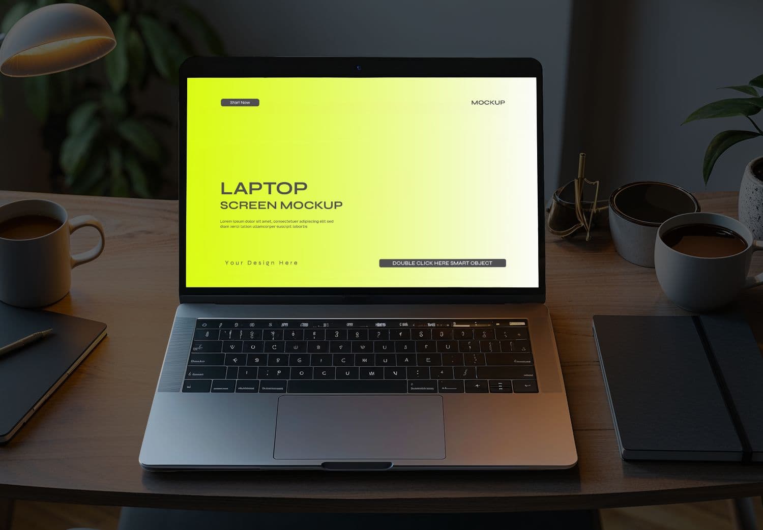 Realistic Laptop Mockup in Desk - Editable PSD Mockup Template