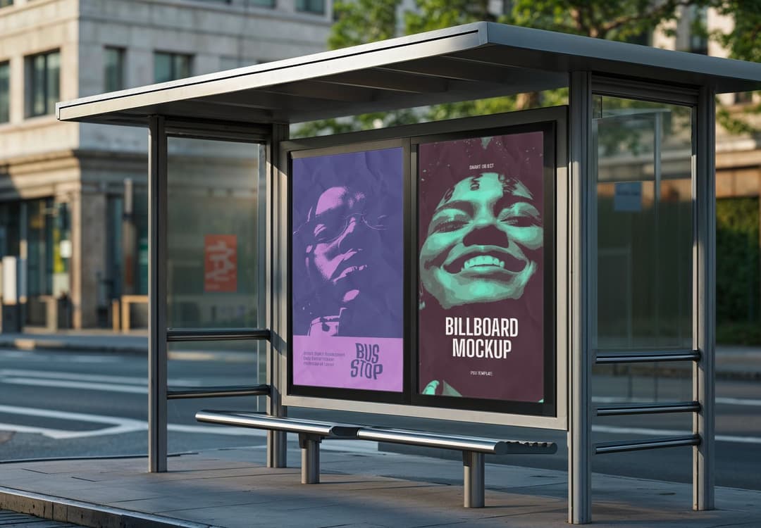 Dual Panel Bus Stop Billboard Mockup - Urban Advertising Template