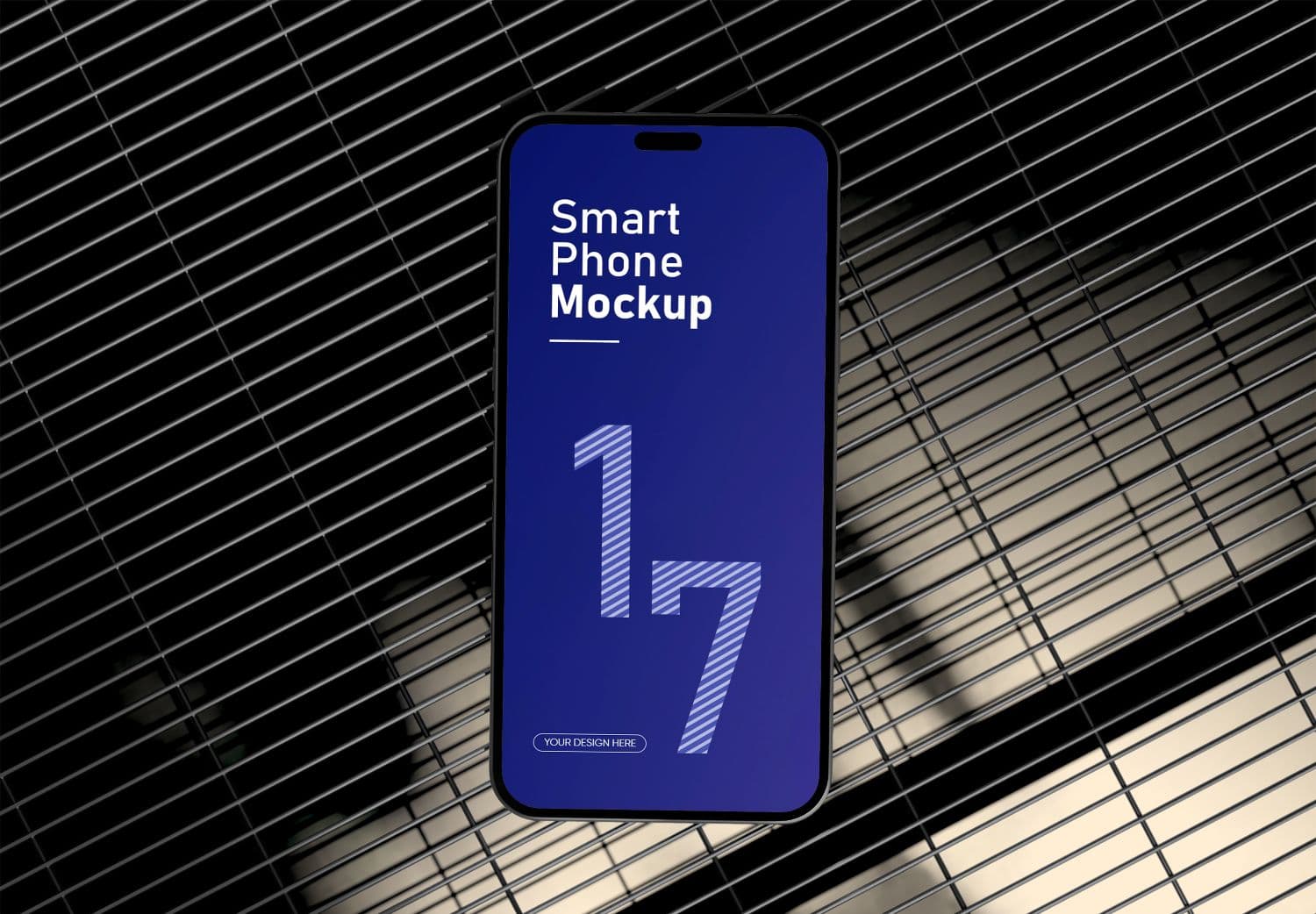 iPhone 17 Mockup on Industrial Grid | Blue Screen Design Template
