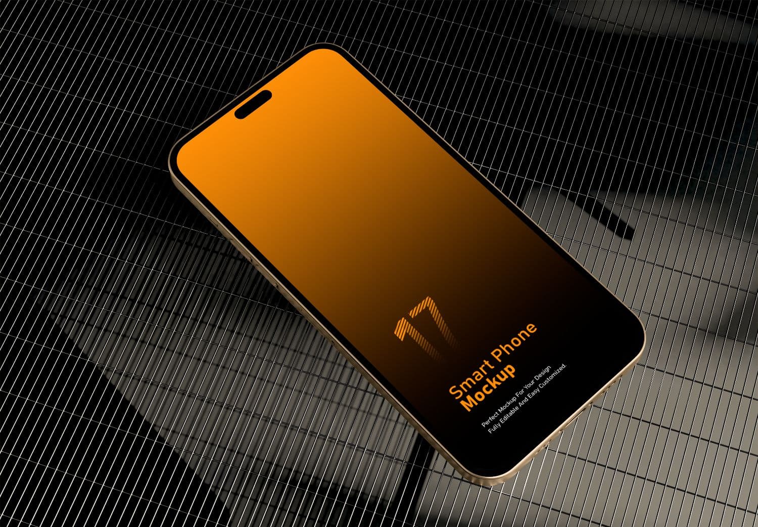iPhone 17 Mockup with Orange Gradient | Gold Frame on Metal Grid