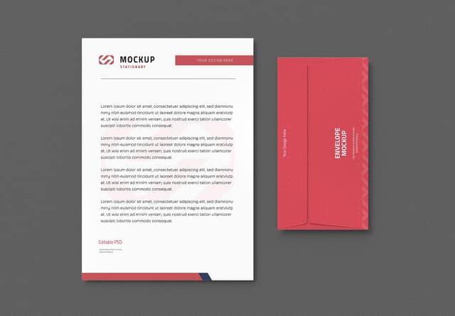 Red & White Letterhead and Envelope Mockup Set - High Res PSD Template