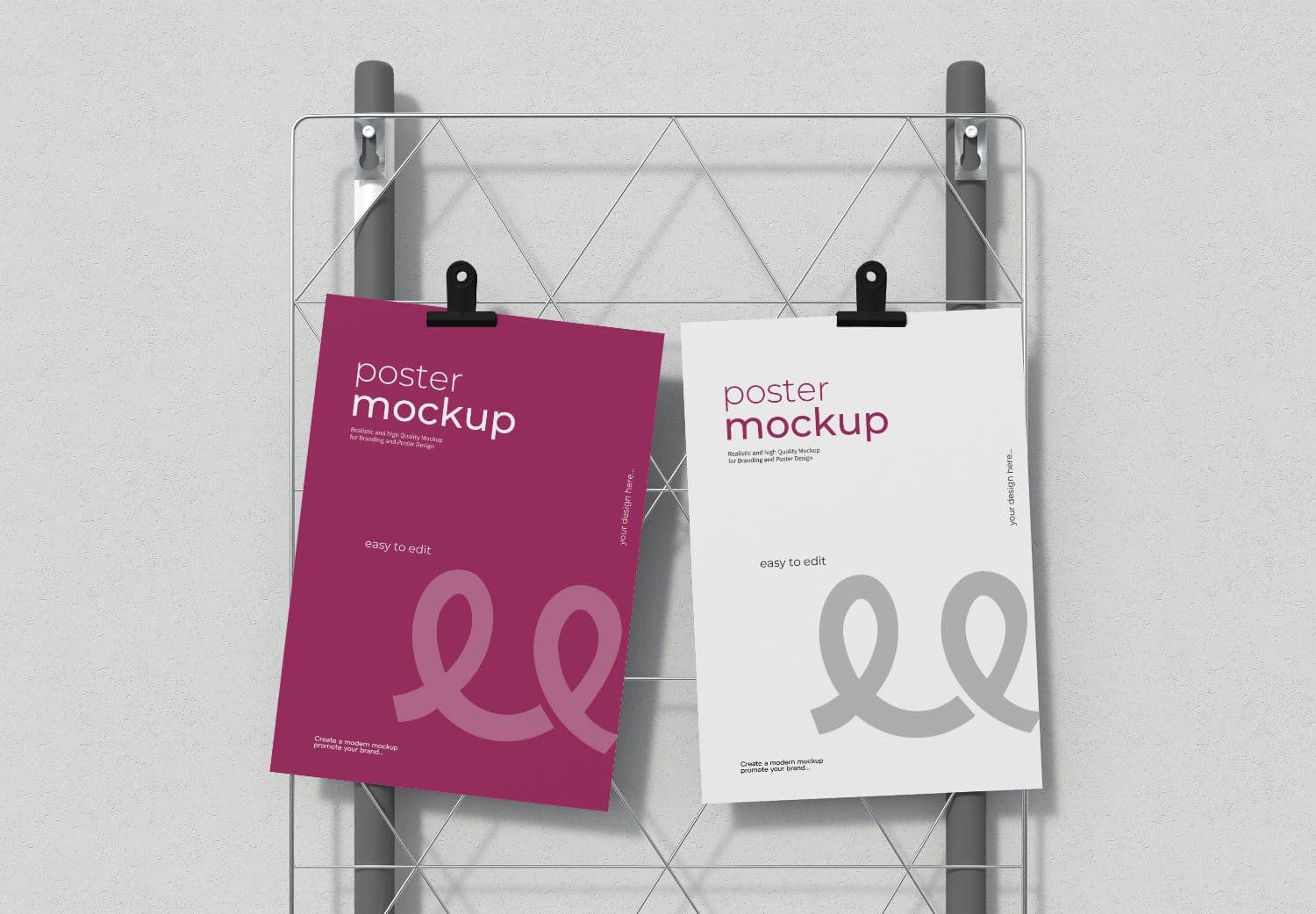 Double Poster Mockup on Wire Grid Wall - Realistic Branding & Design Preview