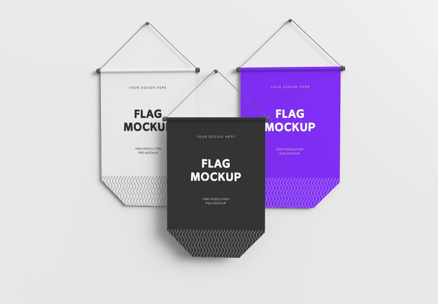 Flag Mockup Set: White, Black & Purple Banners with Wavy Pattern