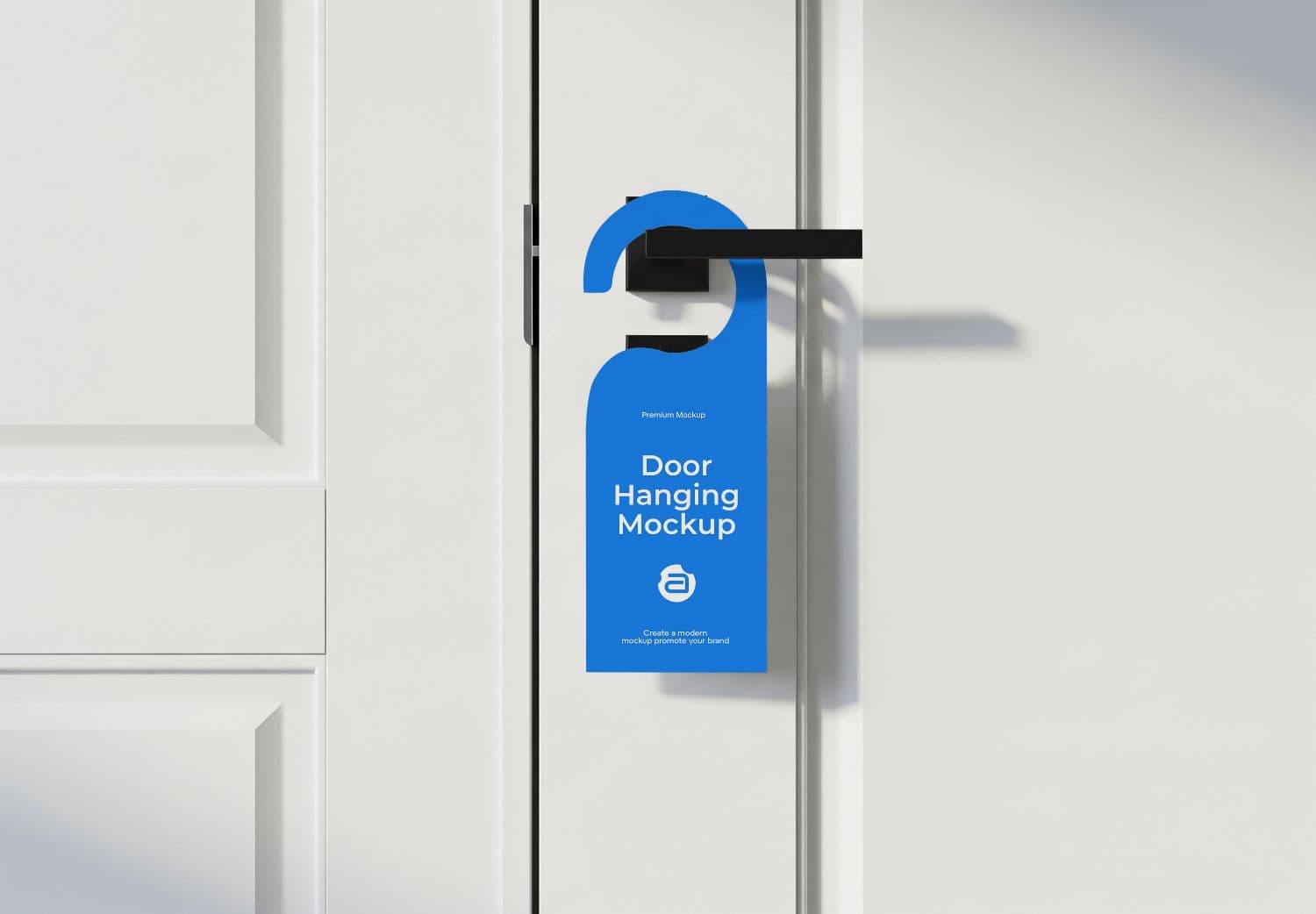 High Quality Blue Door Hanging Mockup on White Panel Door - Realistic Branding for Hotels & Businesses