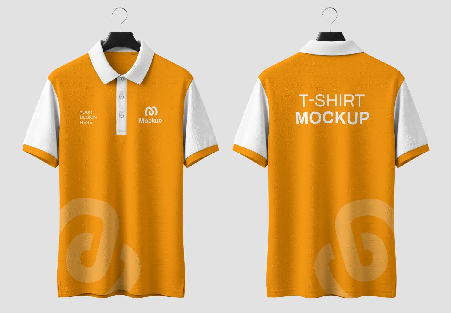 Orange & White Polo Shirt Mockup on Hanger - Front & Back View Template