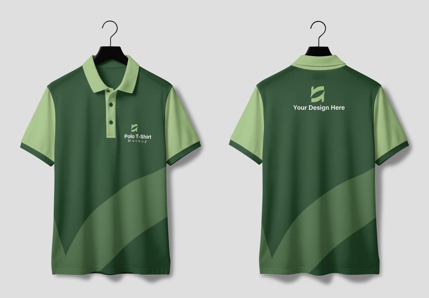Green & Light Green Polo Shirt Mockup on Hanger - Front & Back View Template