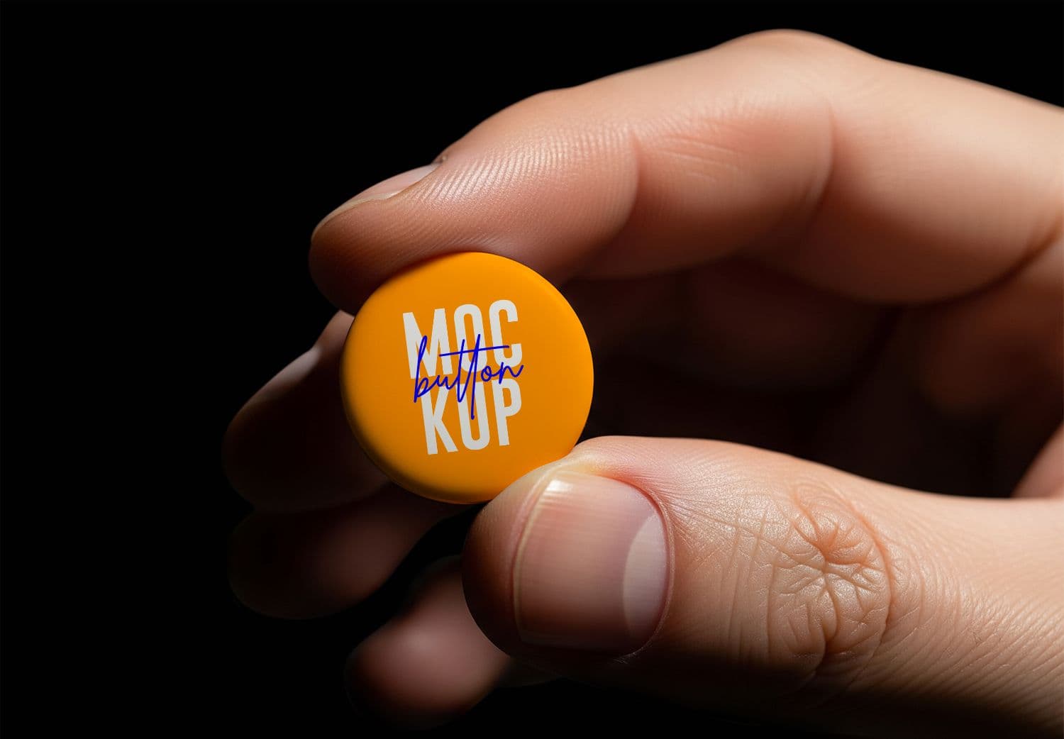 Hand Holding Orange Button Mockup Template