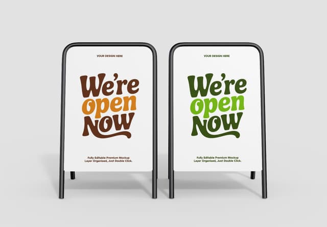 Realistic 'We're Open Now' Sidewalk Sign Mockup