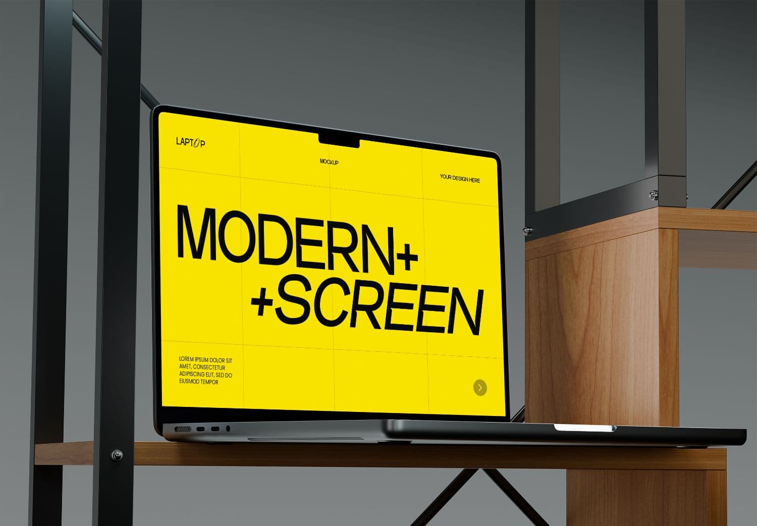 Bold Yellow Laptop Mockup on Wooden Shelf