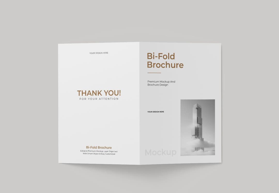 Open Bi-Fold Brochure Mockup Grey Background | MockupHive