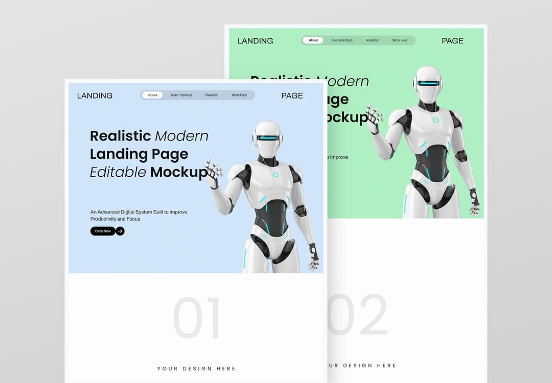 Realistic Robot Free Landing Page Mockup with Dual Website Screen Presentation