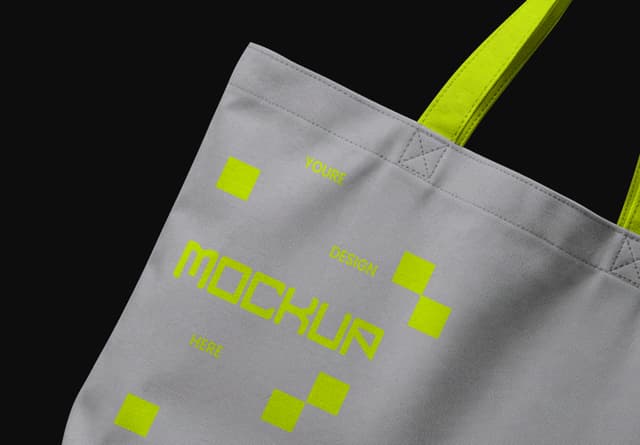 Realistic Grey Tote Bag Mockup with Neon Handles