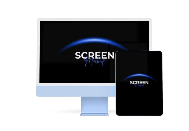 Realistic Light Blue Desktop Monitor and Tablet Screen Mockup