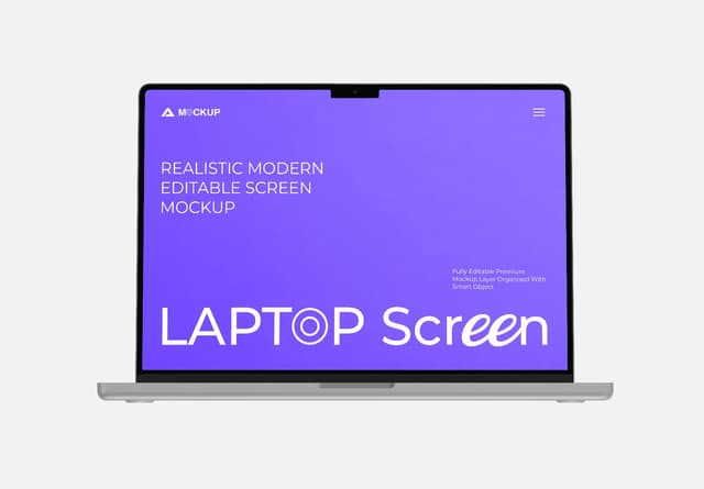 Silver Laptop Purple Screen Mockup Front View