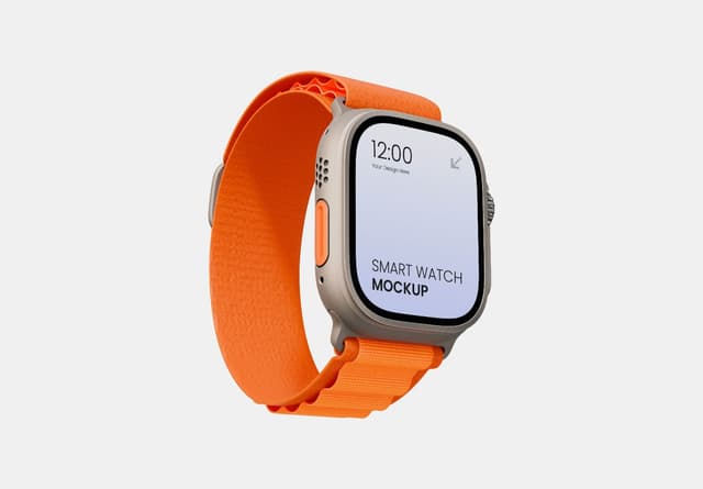 New Silver Smart Watch Orange Strap Mockup