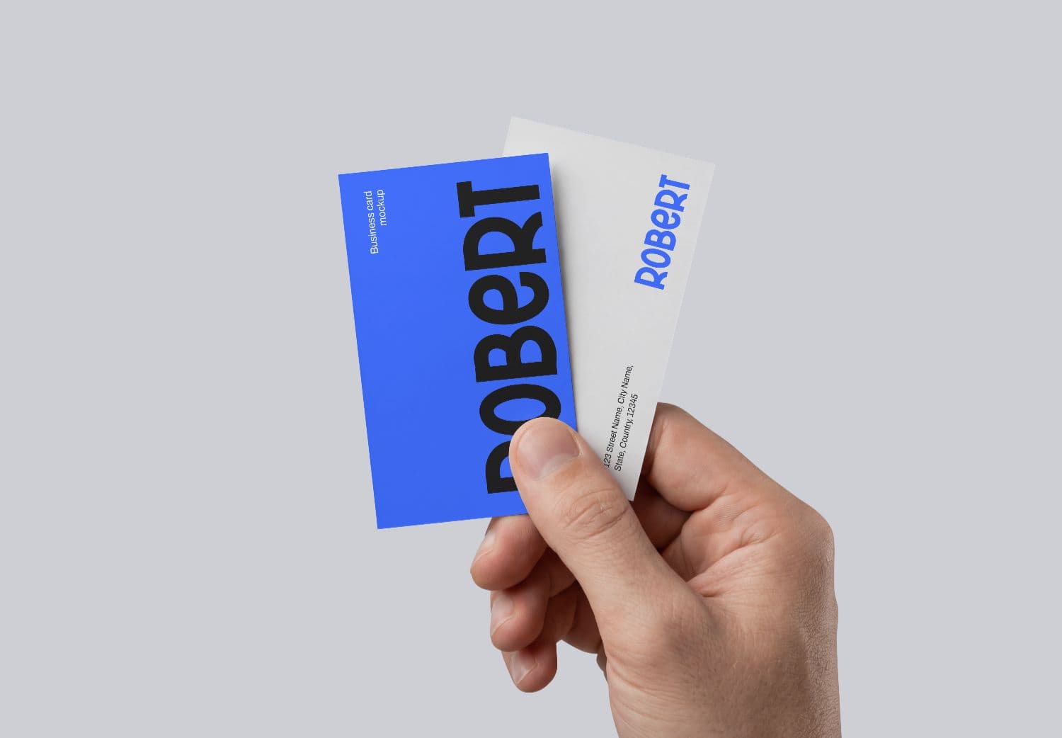 Hand Holding Business Cards Blue White Mockup