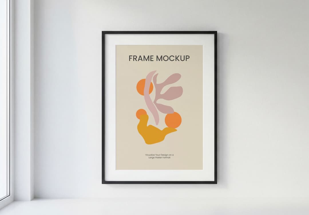 Realistic Black Frame Poster Mockup White Wall