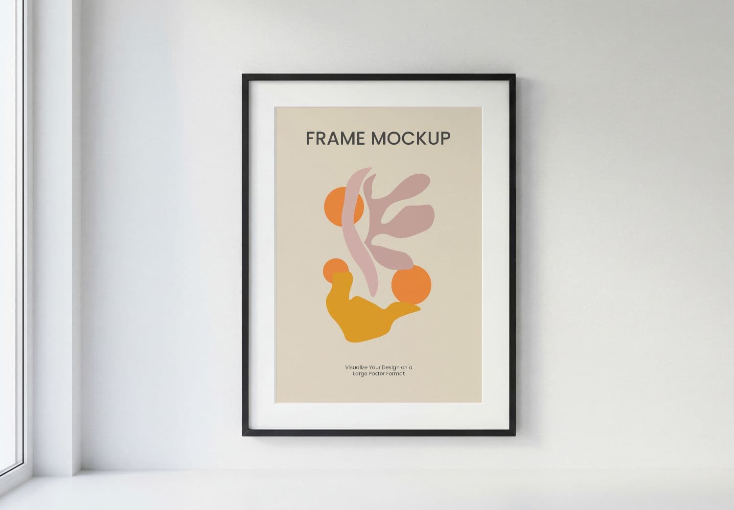Realistic Black Frame Poster Mockup White Wall