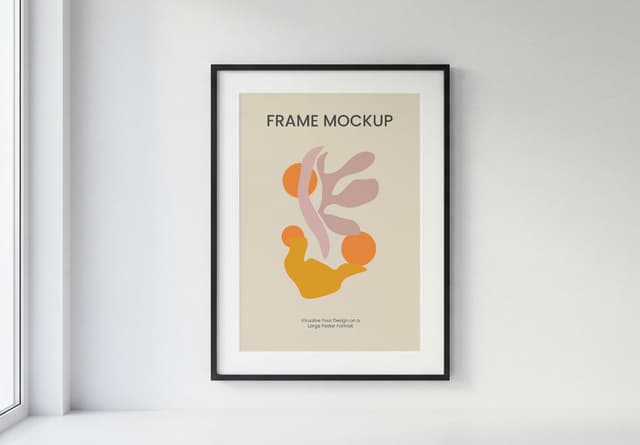 Realistic Black Frame Poster Mockup White Wall