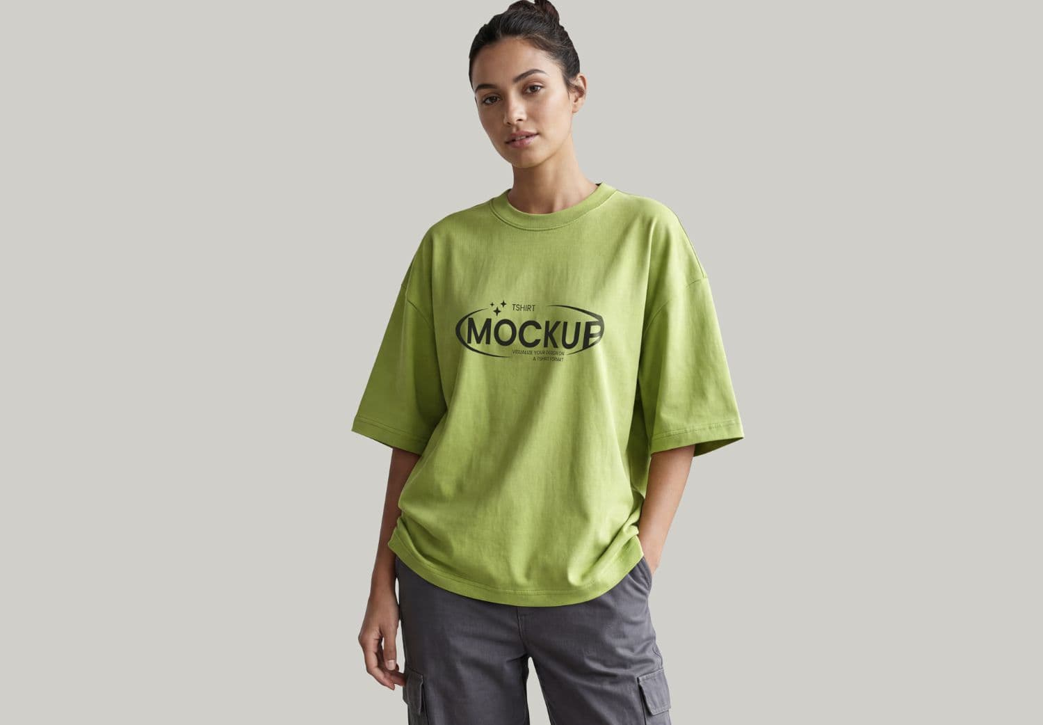 Oversized Front Print T Shirt Mockup with Female Model
