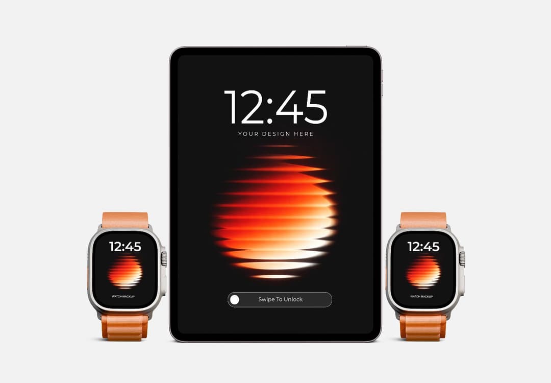 iPad and Apple Watch Mockup Set – Symmetrical Trio with Matching Lock Screens
