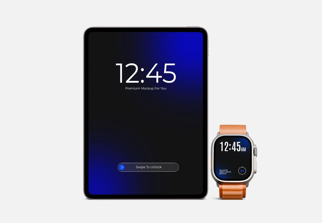 iPad Pro & Apple Watch Mockup – Dark Mode Lock Screen