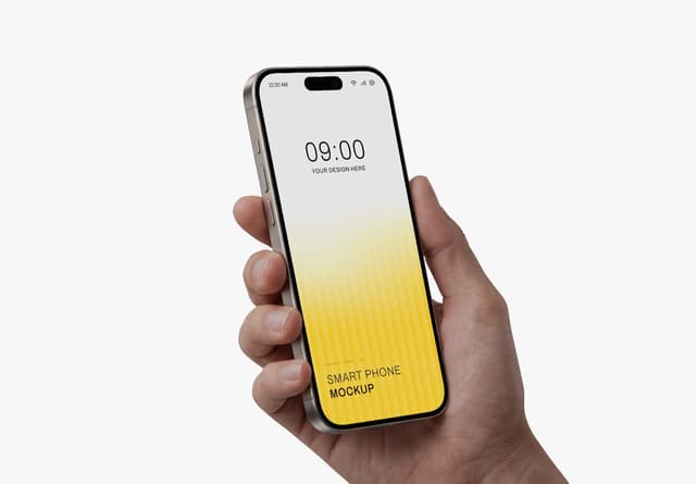 Realistic Smartphone Screen Mockup Held in Hand Yellow Gradient