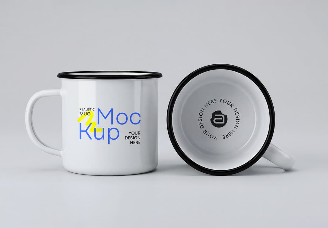 Realistic White Enamel Mug Mockup With Black Rim