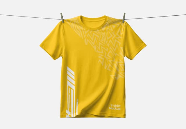 T Shirt Mockup - Yellow T-Shirt Hanging on Clothesline Display