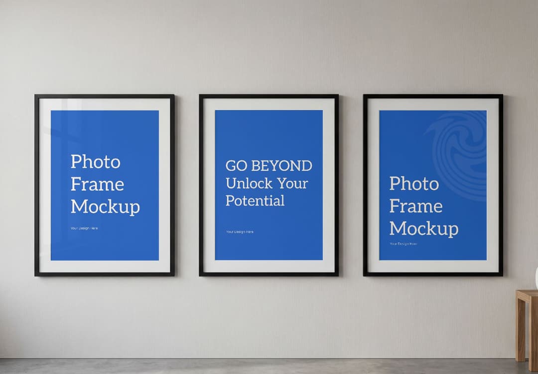 Triple Frame Wall Mockup - Three Black Frames with Blue Posters