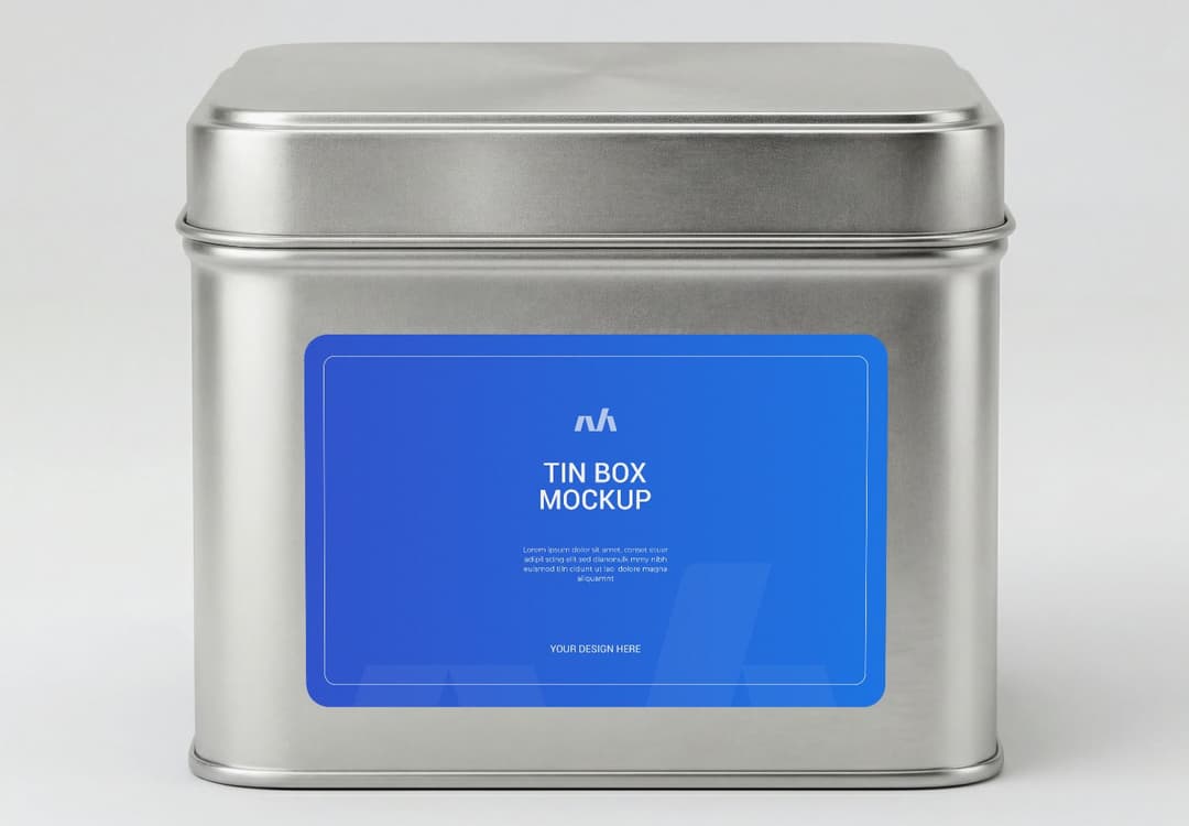 Rectangular Metal Tin Packaging Mockup with Label Display