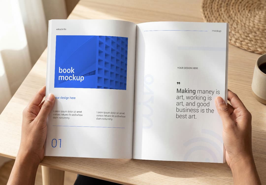 Open Book Spread Mockup with Natural Reading Scene