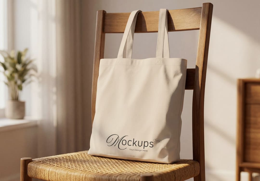 Canvas Tote Bag Mockup on Wooden Chair with Natural Light