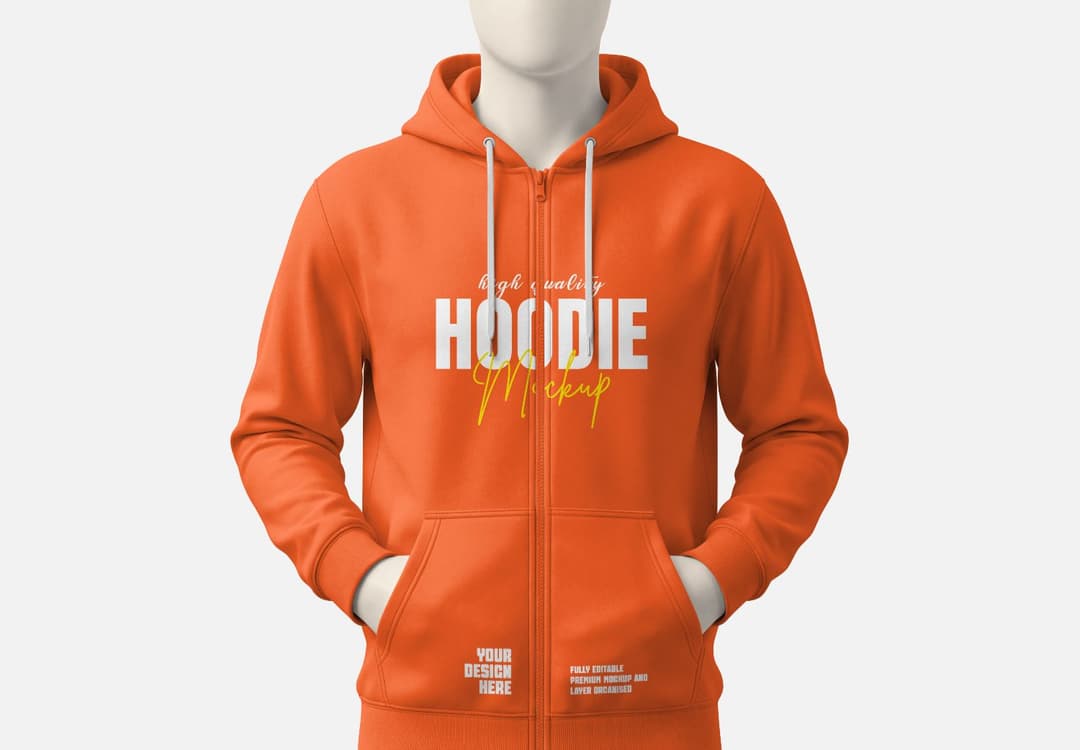 Orange Zip Hoodie Mockup – Mannequin Front View Pockets