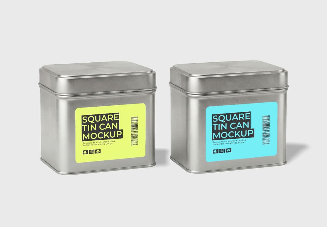 Square Metal Tin Can Mockup - Silver Packaging Container Set
