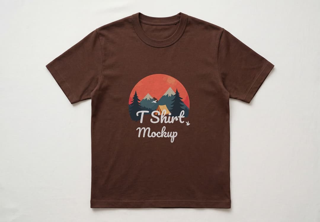 Brown T-Shirt Mockup – Flat Lay Camping Graphic Design