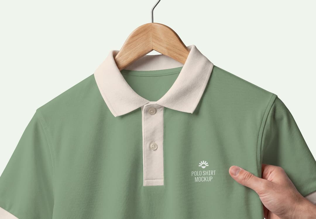 Polo Shirt Mockup – Hand Holding Sage Green Close-Up