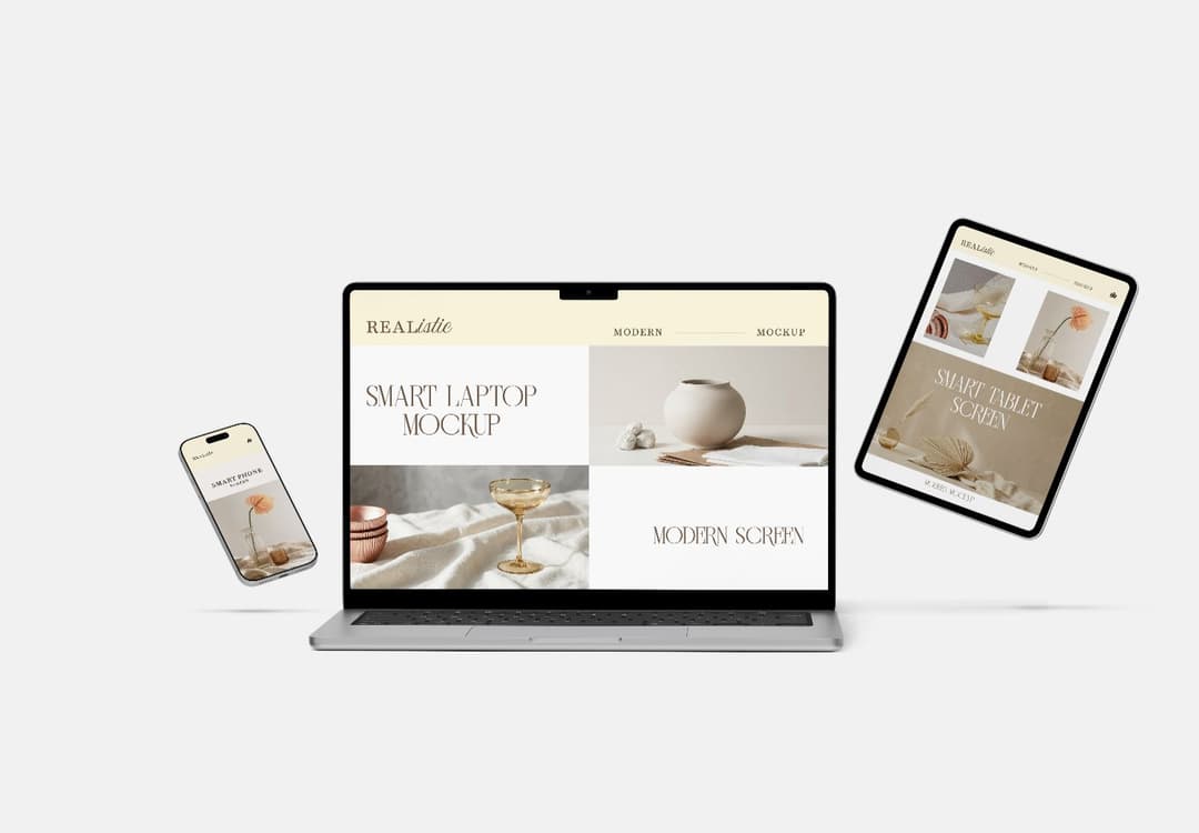 Minimal Multi Device Mockup with Laptop, Tablet, and Smartphone Screens