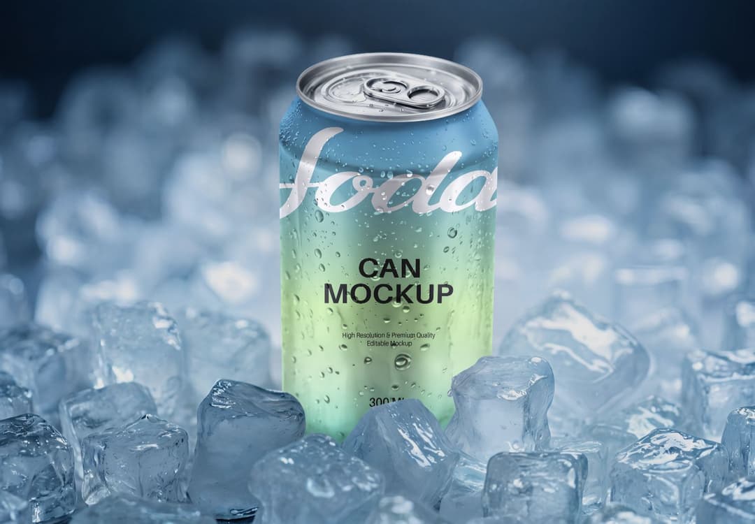 Soda Can Mockup – Ice Background View