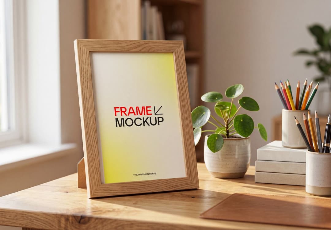 Minimal Wooden Frame Mockup on Desk