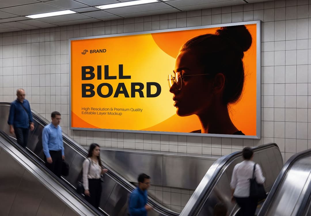 Subway Billboard Mockup With Escalator Scene