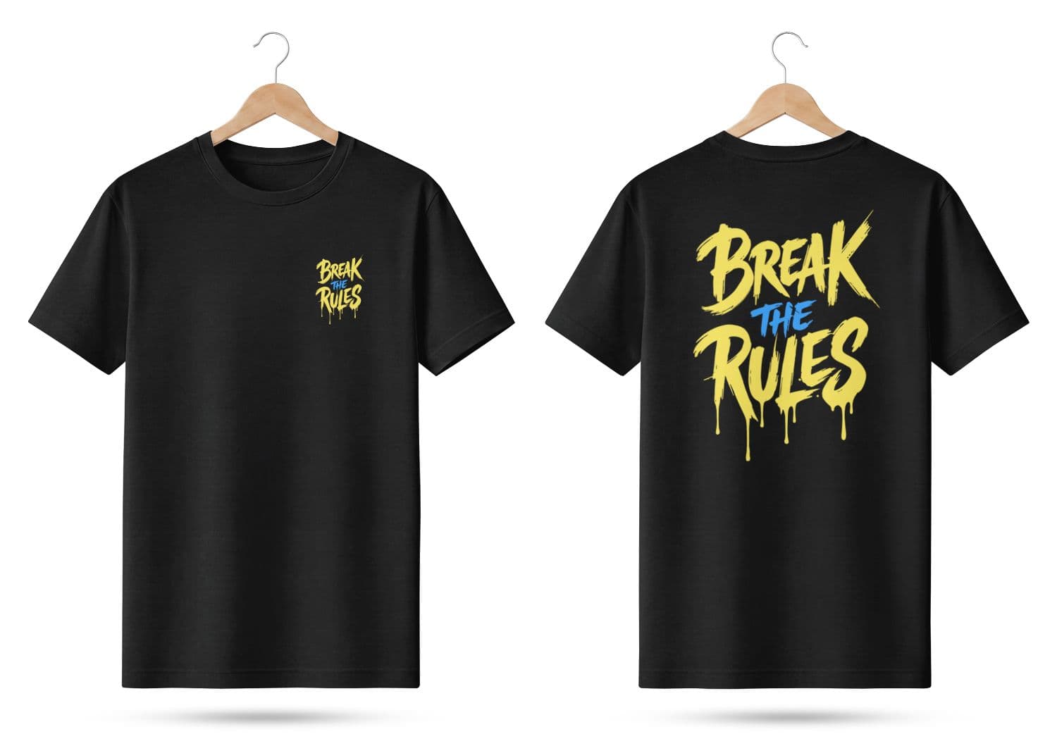 Men’s Black T-Shirt Front and Back Mockup with Wooden Hangers